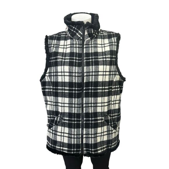 Woolrich Vintage Moccasin Plaid Wool Vest Faux Fur Lining Black &‎ White Large - Picture 1 of 10